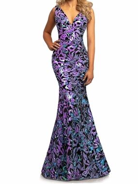 NWT Johnathan Kayne Sz 6 Lilac and Turquoise Sequin V-Neck Mermaid Gown